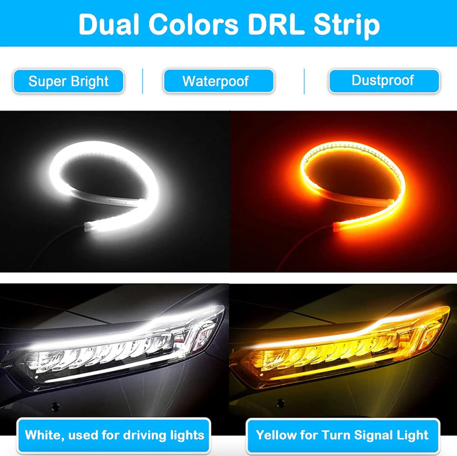 2X 60CM RGB Slim Flexible LED Turn Signal DRL Daytime Running Strip Light With A