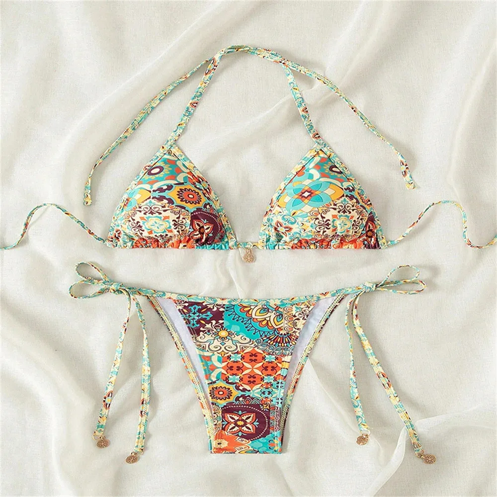 Sexy Boho Print Bikini Halter String Backless Lace Up Y2K Swimwear ...