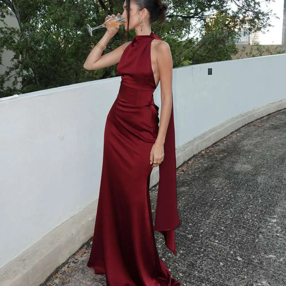 Elegant Satin Halter Women Maxi Dress Sleeveless Off-Shoulder Empire Waist Ball Gown Evening Party Elegant Satin Halter Women Maxi Dress Sleeveless Off-Shoulder Empire Waist Ball Gown Evening Party