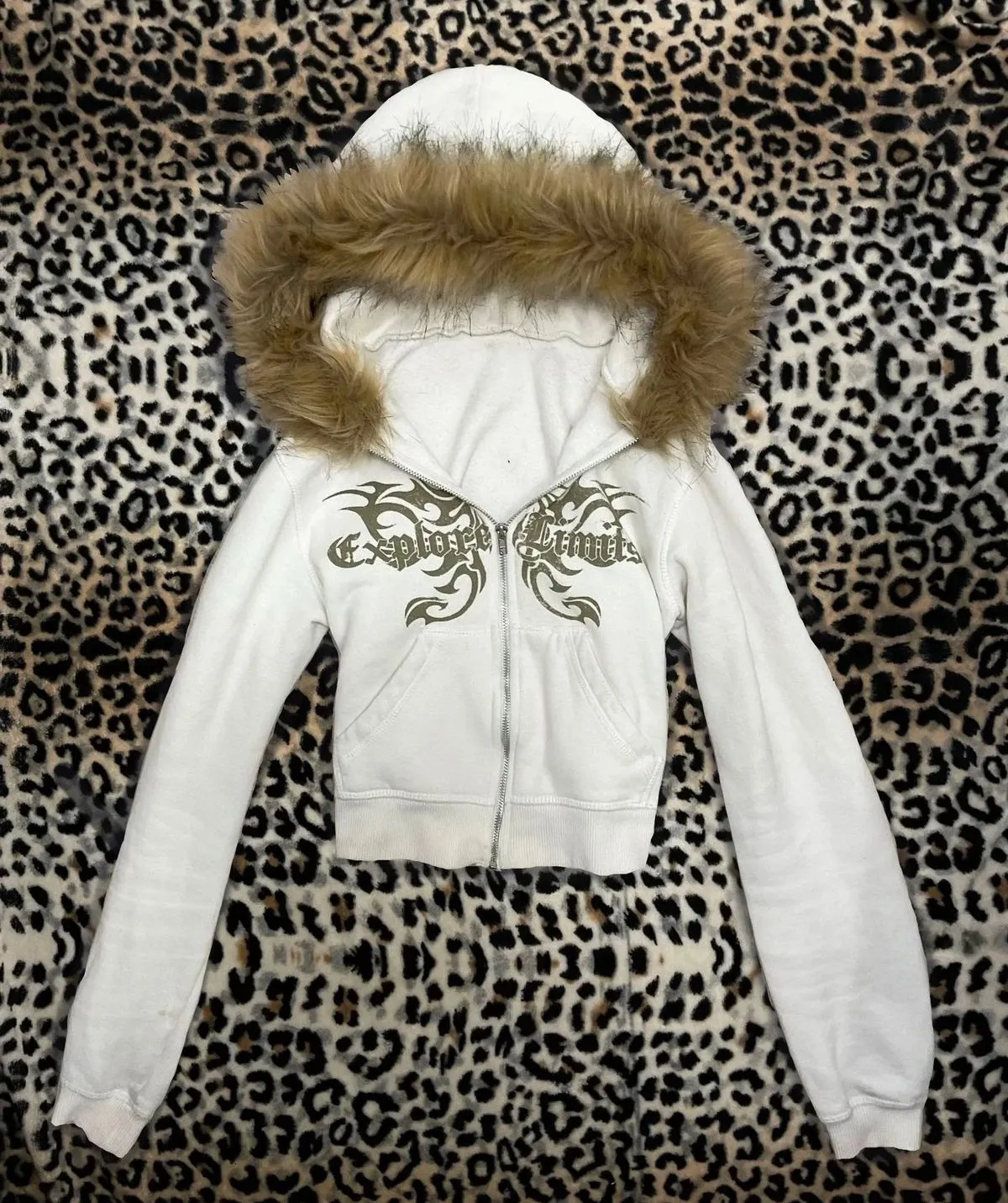 Y2K Gothic Fur Collar Hooded Zipper Jacket Harajuku Letter Graphic