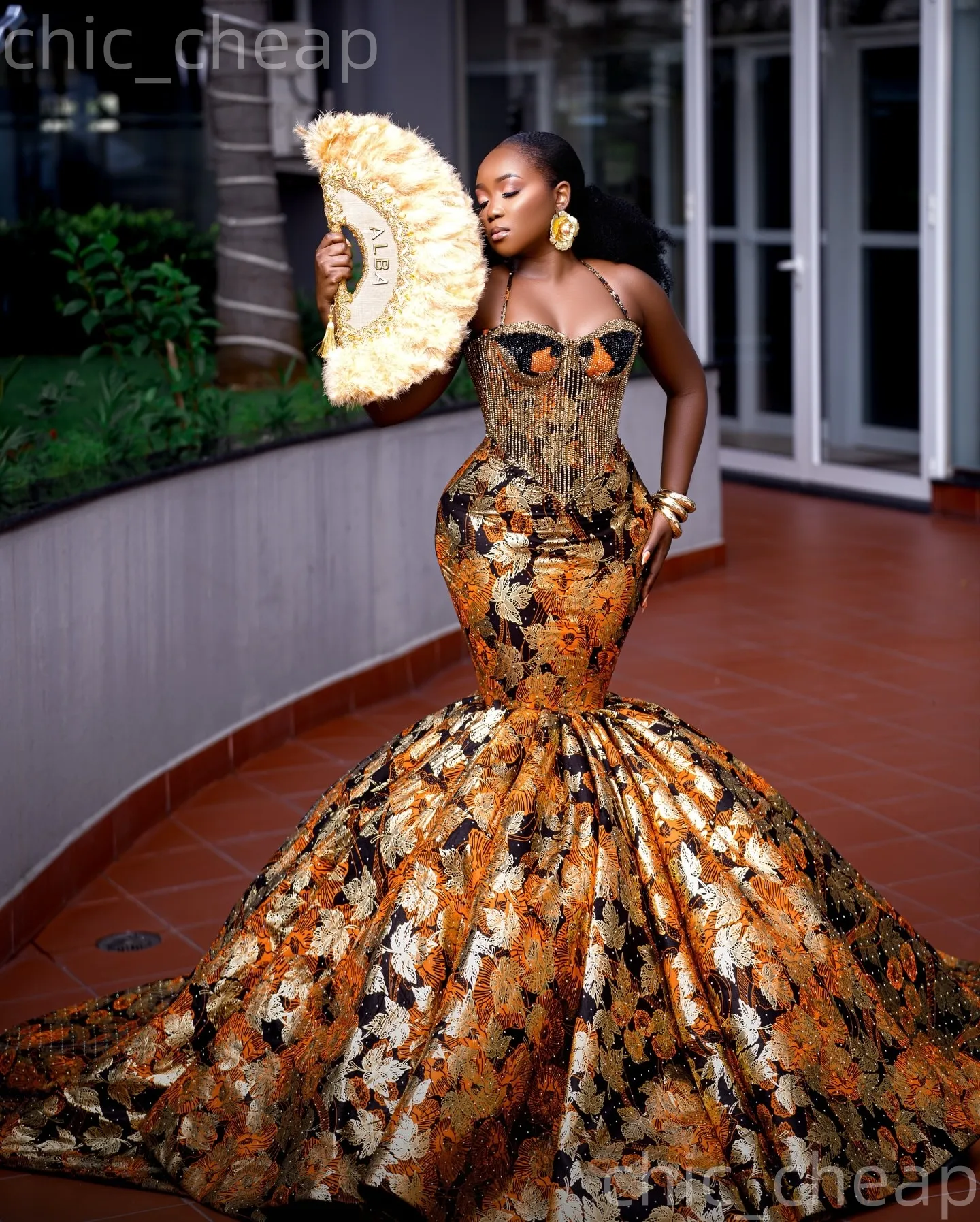 nigerian evening dresses Nigerian Printed Mermaid camo prom dresses with Halter Neckline and Beaded Detailing