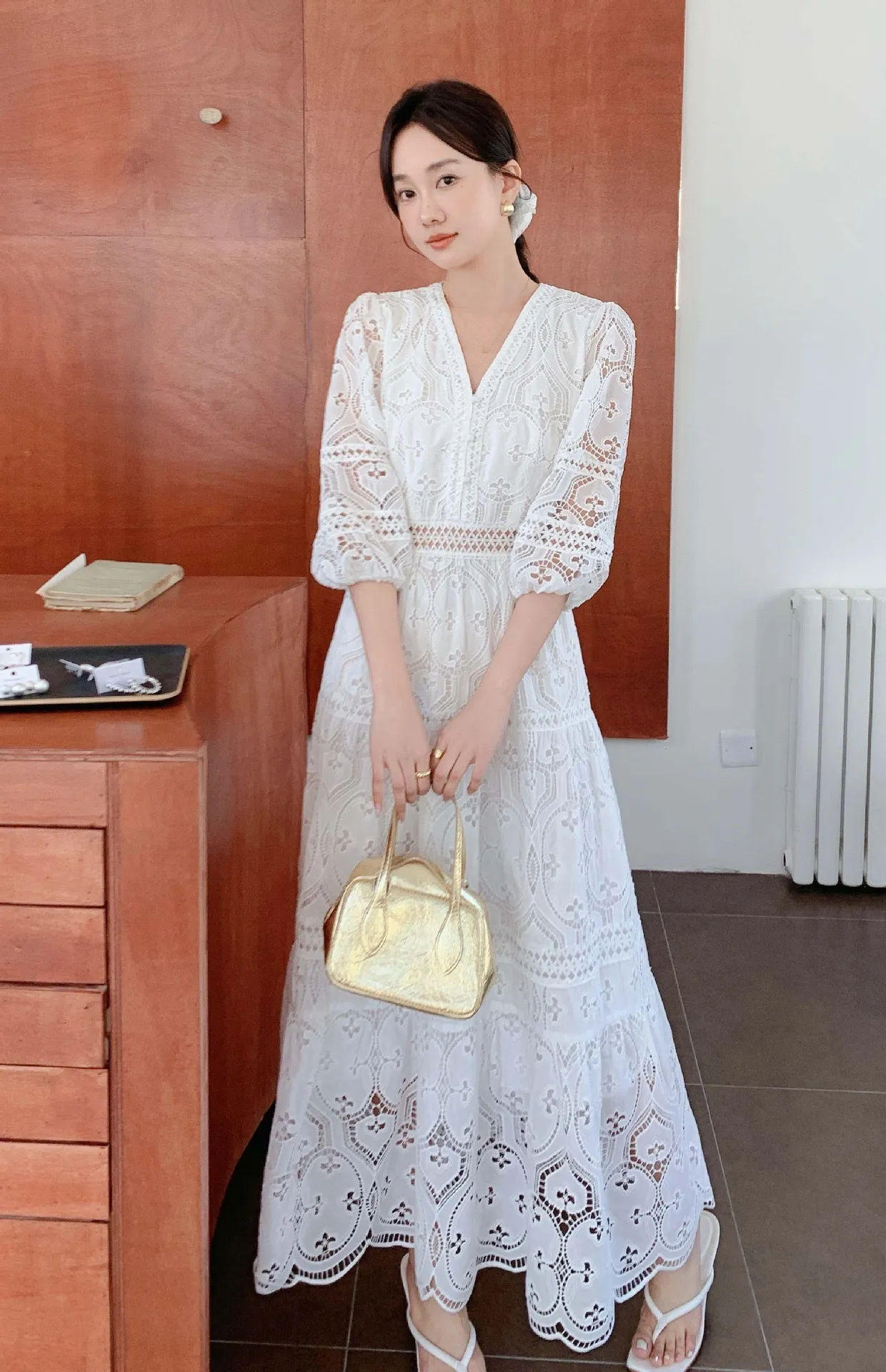 3 4 sleeve empire waist maxi dress Women Deep V-Neck Hollow Out Lace 3/4 Sleeve Cotton Floor-Length from Dhgate Basic & Casual Dresses Size:44