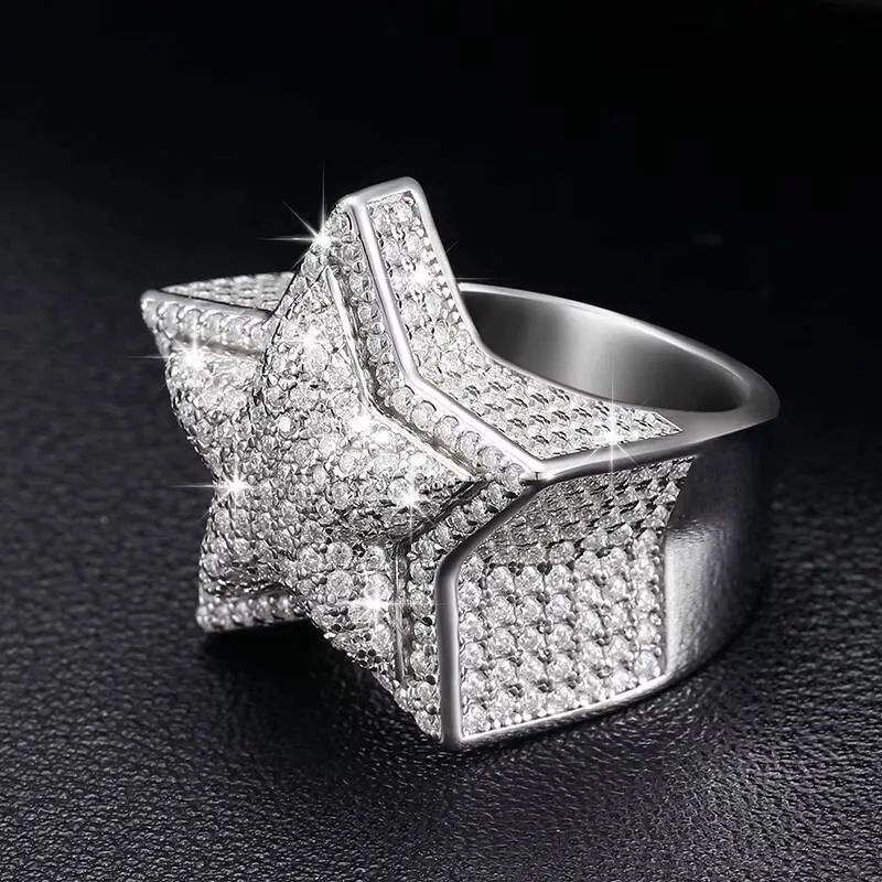 Anillo Estrella Moissanita VVS Diamantes Plata De Ley 925 Chapada En Gold Style Hip Hop Iced Out für Herren und Damen_voghion.com