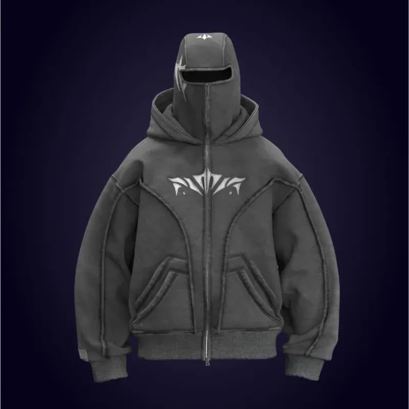 Ninja Y2K Oversized Embroidered Zip Up Grey Tech From Hurerasfd