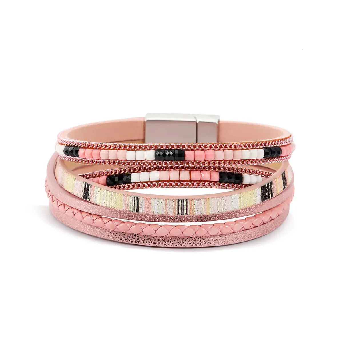 Bracciale Avvolgente In Pelle Donna Multistrato Con Cristalli E Chiusura In Lega - Regalo Boho