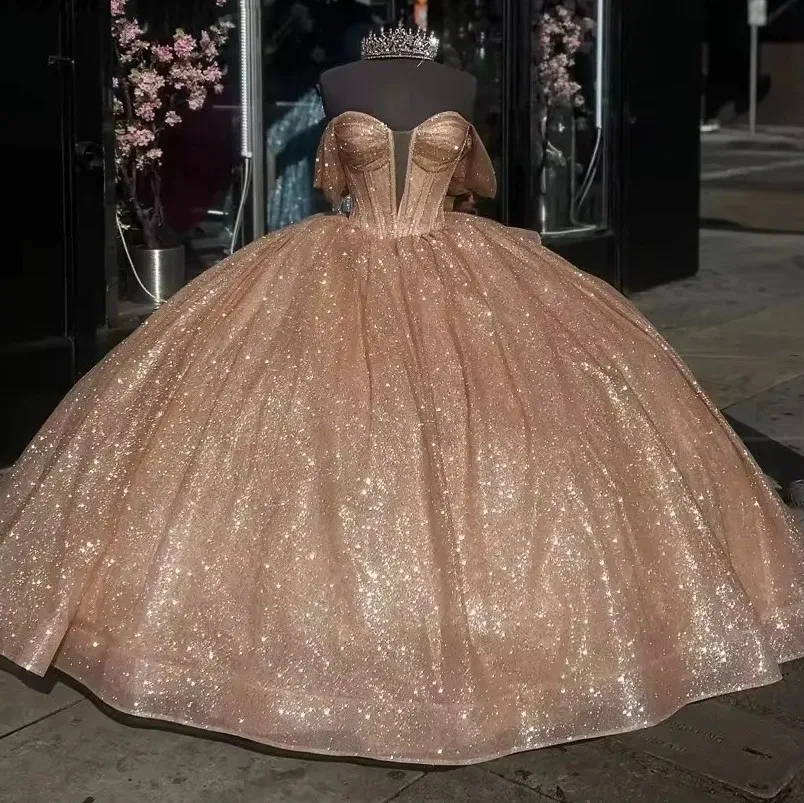 light brown quinceanera dress GL3502 Sheer Bodice Lace Glitter Quinceanera Dress