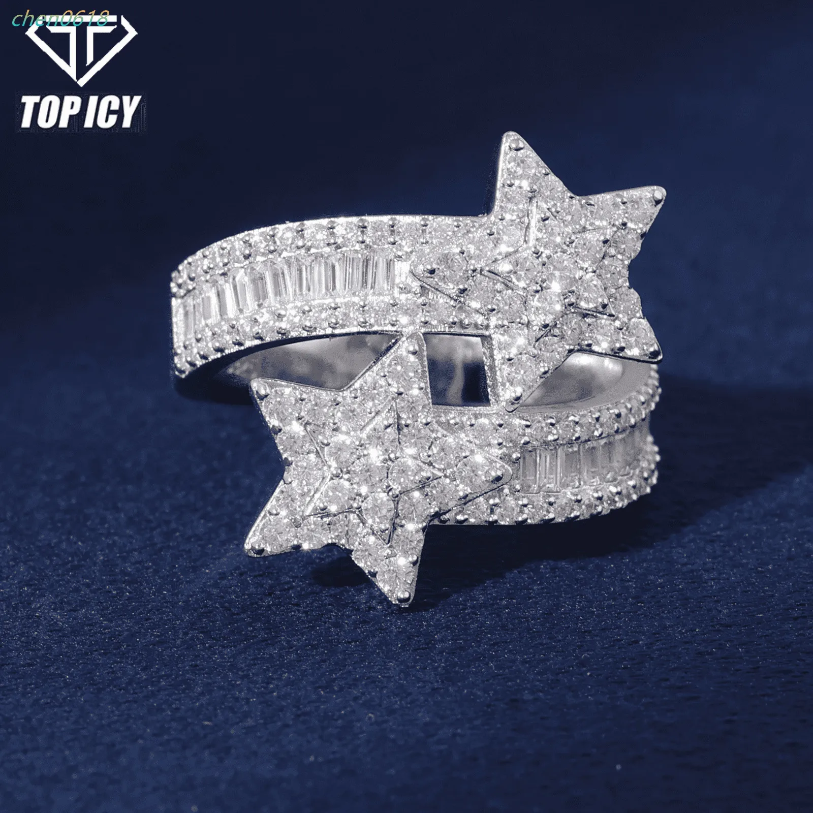 Bague étoile double épaisseur en argent massif et moissanite_voghion.com