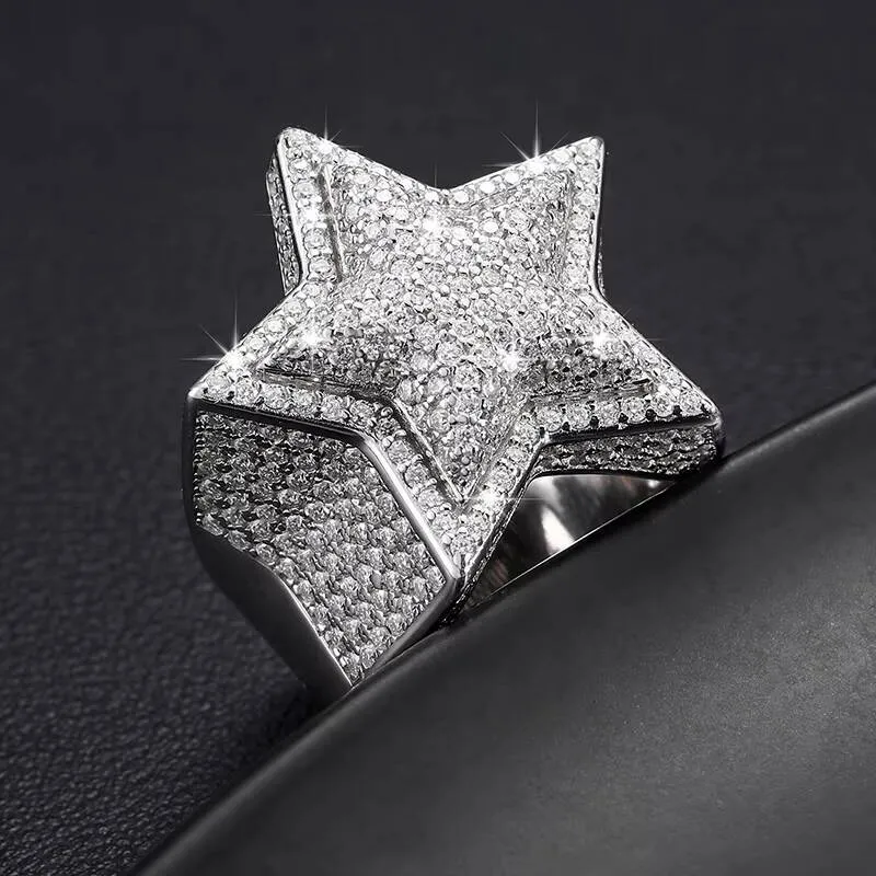 Anillo Estrella Moissanita VVS Diamantes Plata De Ley 925 Chapada En Gold Style Hip Hop Iced Out für Herren und Damen_voghion.com