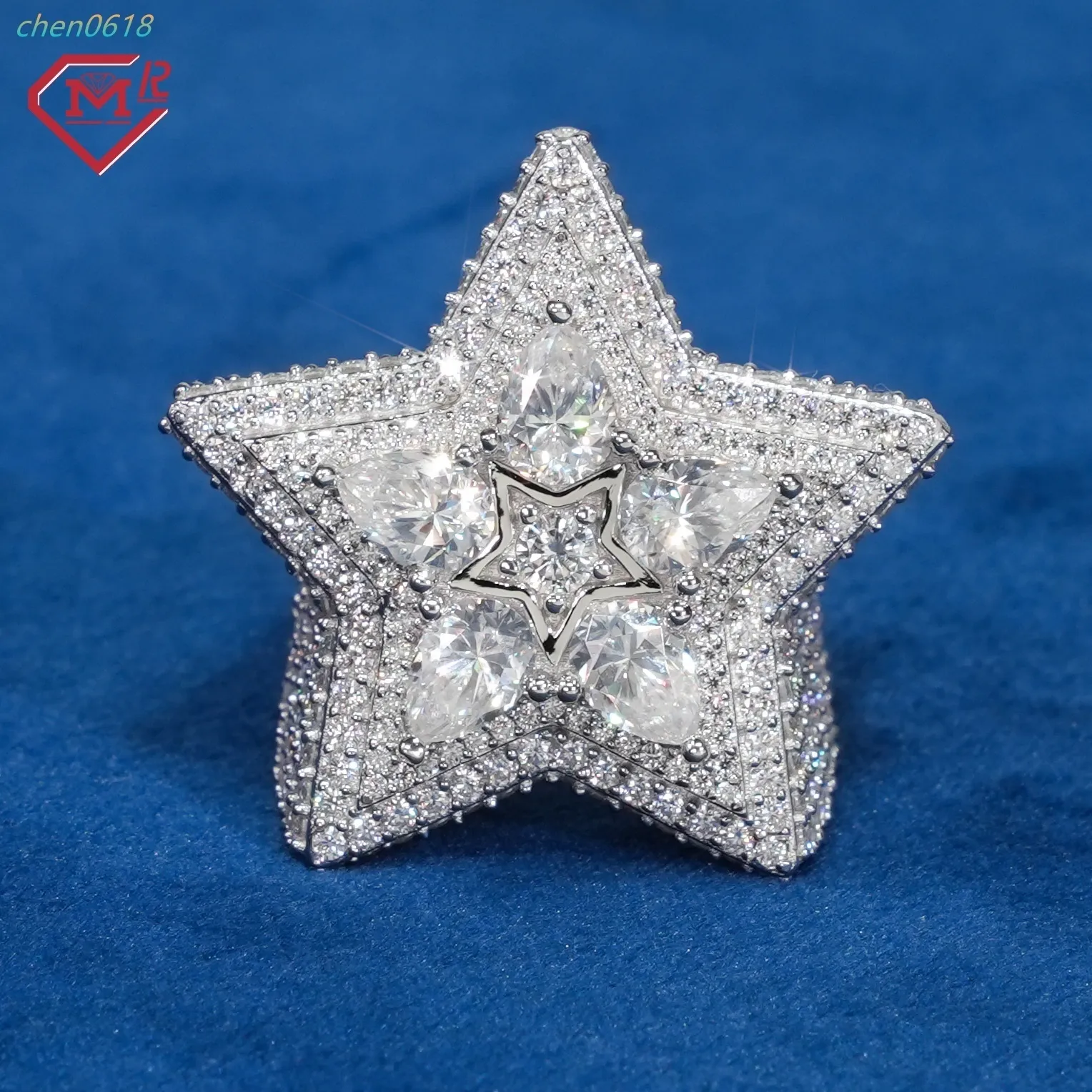 Hiphop Hombres Custom Star VVS Iced Out Diamond 925 Silver Champion Moissanite Ring_voghion.com