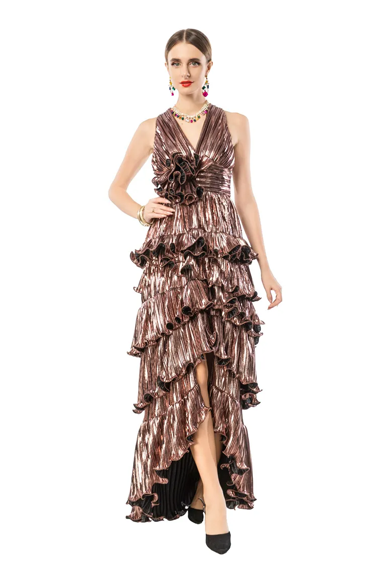 V Neck Polyester Ankle-Length Fitted A-Line Dress with Ruffles and Flower Appliques for Summer from Dhgate Runway Dresses