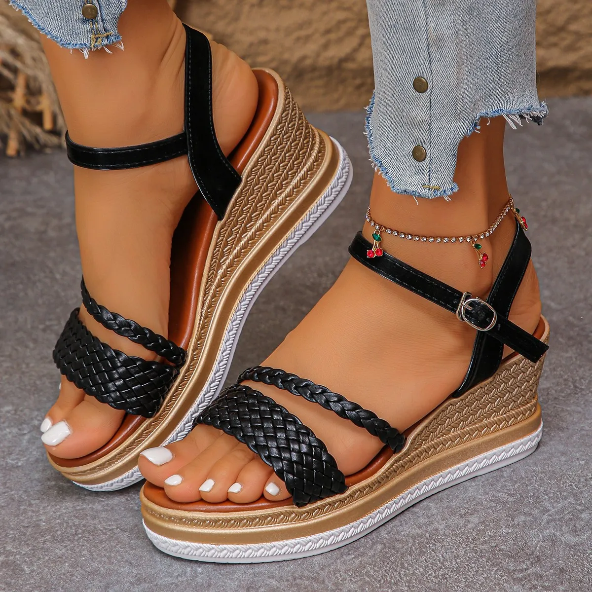 2026 Spring And Summer New Woven Wedge Large Size 35 43 Platform Versatile Single Buckle Strap High Heel Open Toe Roman_voghion.com