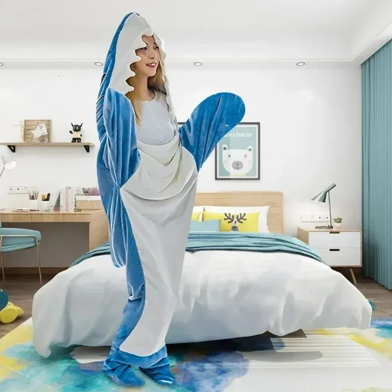 Shark Blanket for Adults Hooded Plaid Acrylic Knit Pajamas Robe Gown ...