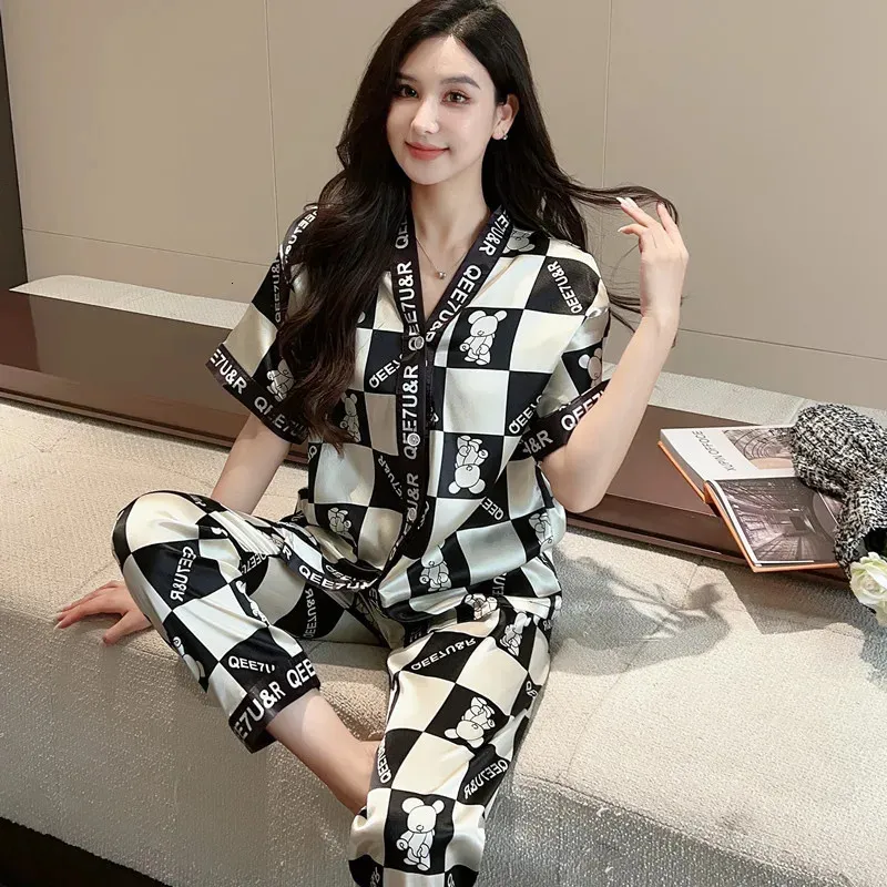 Silk Pajamas Women Short-Sleeved Acrylic Knit 3XL Three-Piece Set with ...