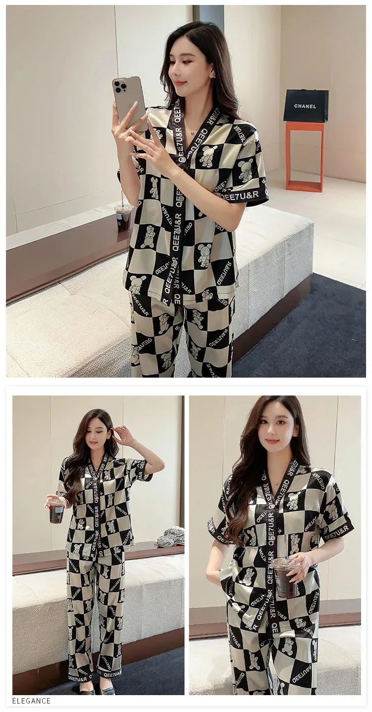 Silk Pajamas Women Short-Sleeved Acrylic Knit 3XL Three-Piece Set with ...