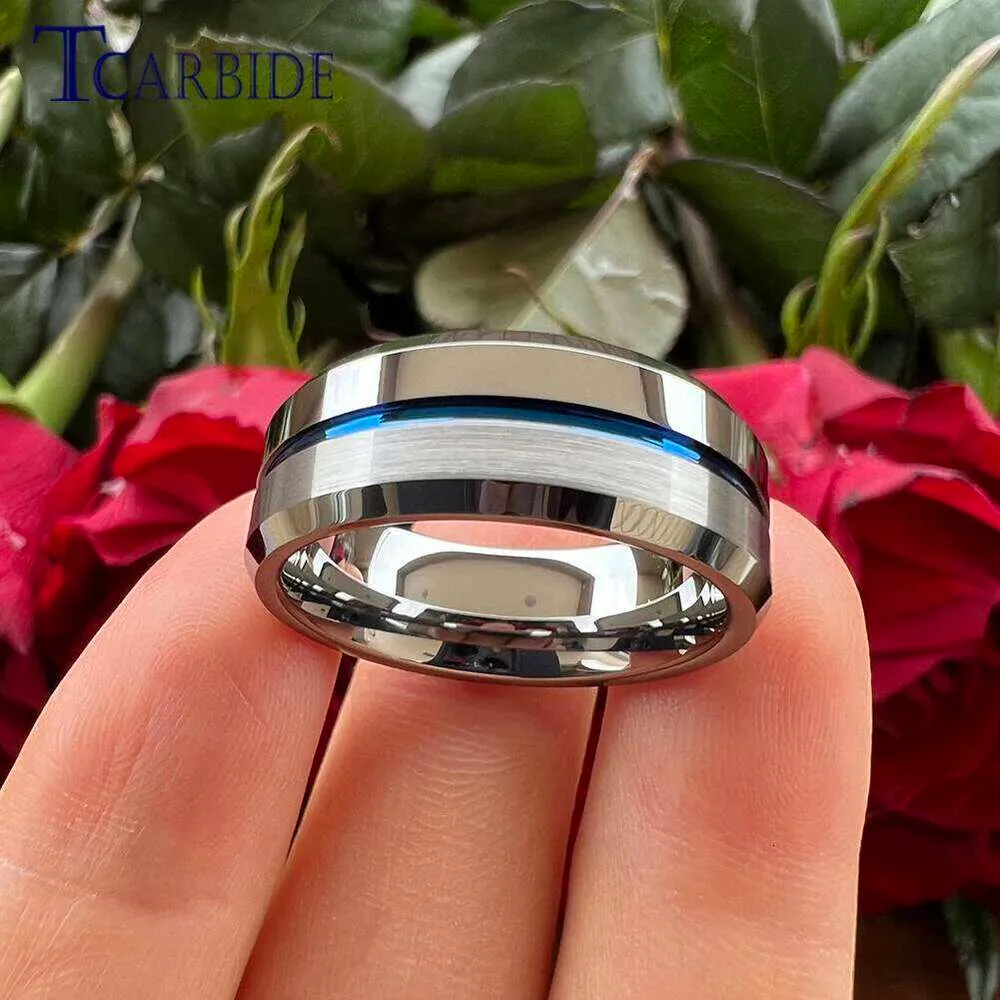 Anello Uomo In Carburo Di Tungsteno Con Stella Di David – Larghezza 8 Mm, Colore Blu, Effetto Carbonio