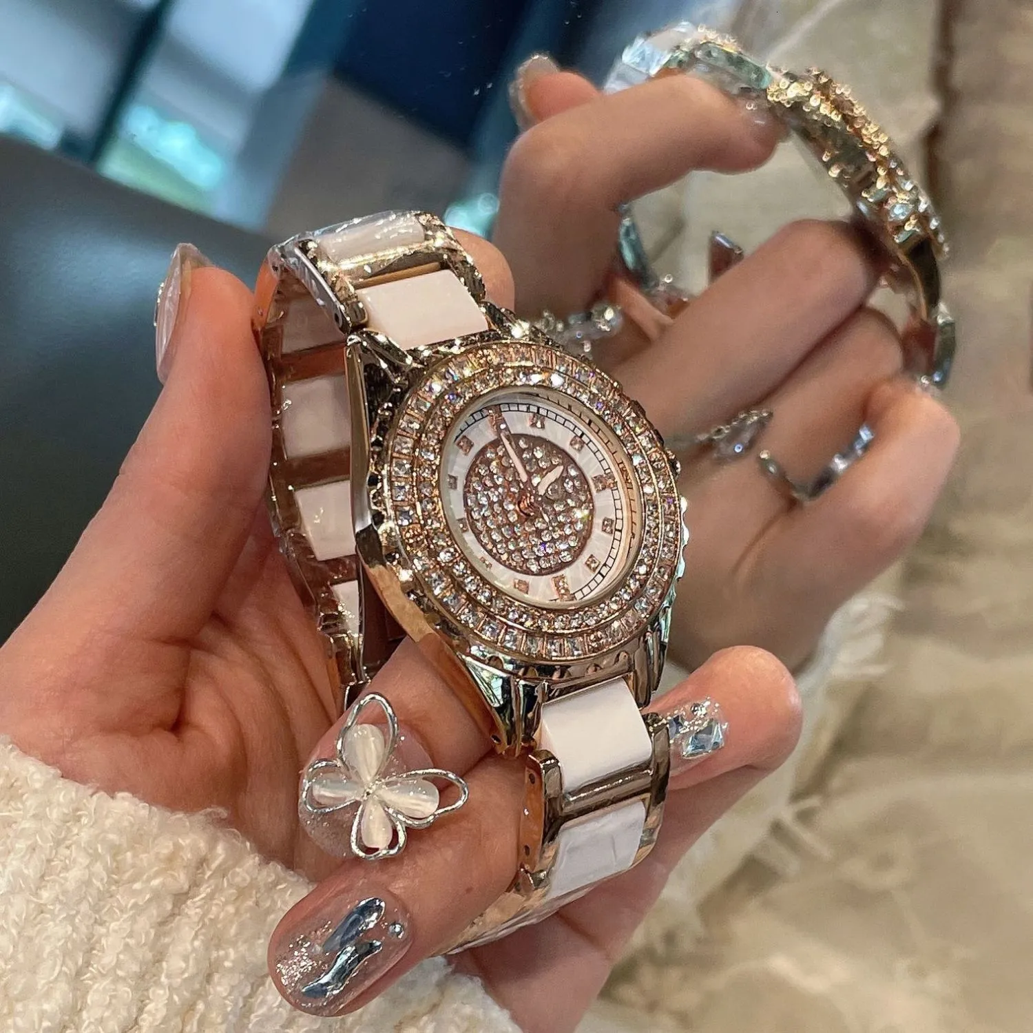 Women\'s Gold band /Pink dialDiamond Fashion Elegant Chronograph Cute Wrist Watch Freedom in full color — make every second bold in Hot Pink  main image 3