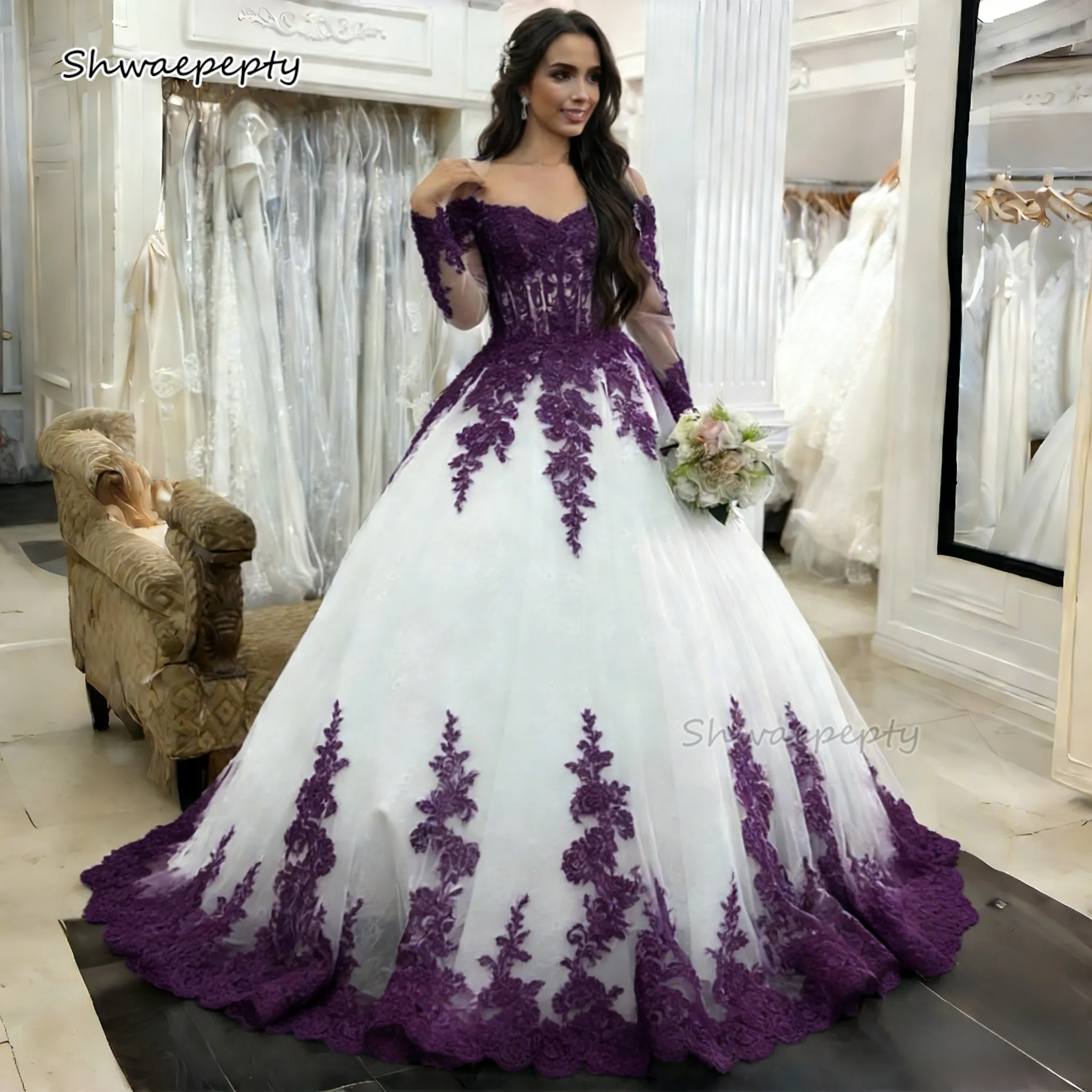 black white and purple wedding dresses Gothic Black and Dark Purple Wedding Dresses With Belt Lace Applique Bridal  Gown