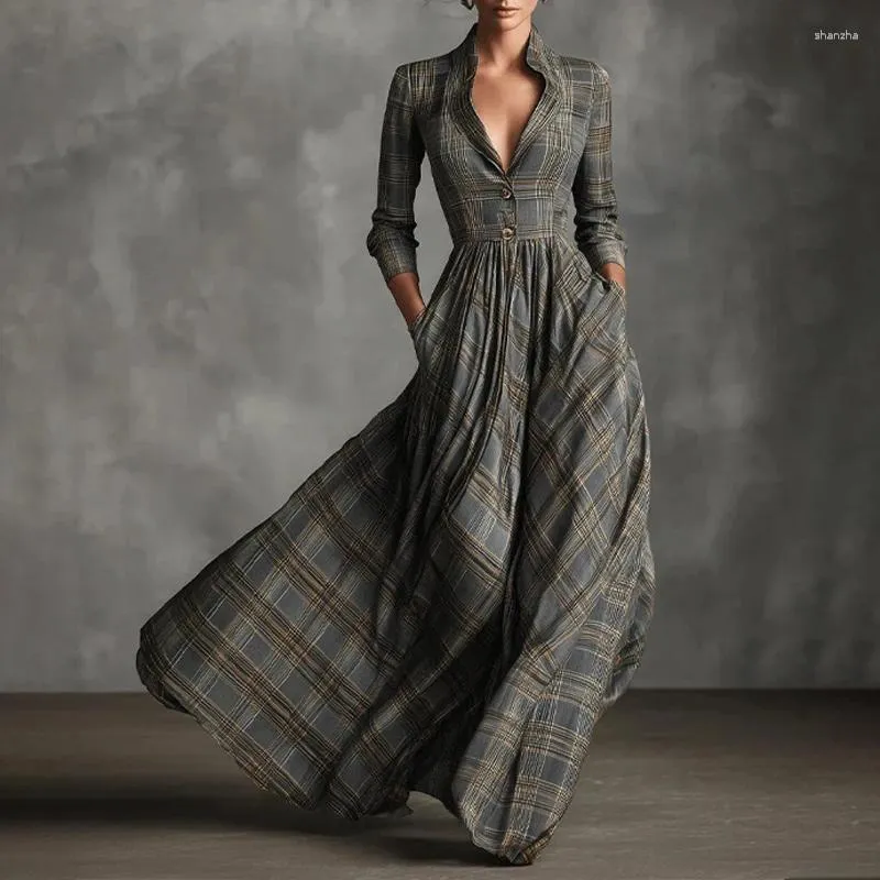 Casual Fall Maxi Dress Women Vintage Plaid Ankle-Length V Neck Long Sleeve  Hooded Shirt with Pockets from Dhgate Basic & Casual Dresses - price 78.04