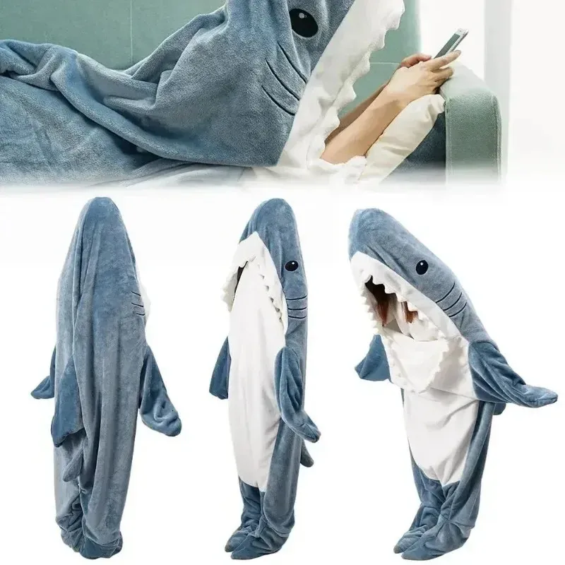 Shark Pattern Robe Shark Blanket for Adults Hooded Plaid Acrylic Knit Pajamas Robe Gown ...