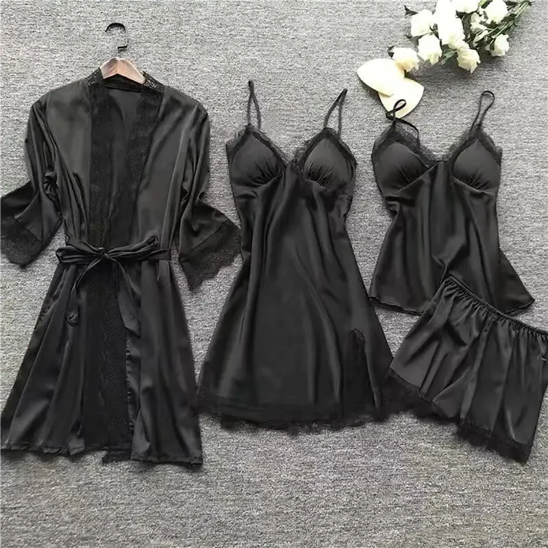 4PCS Sleepwear Pajamas Set Women Nightdress Lace Dress Robe Sleep Nightwear Silk Solid Color Pijama Sets 251222_voghion.com