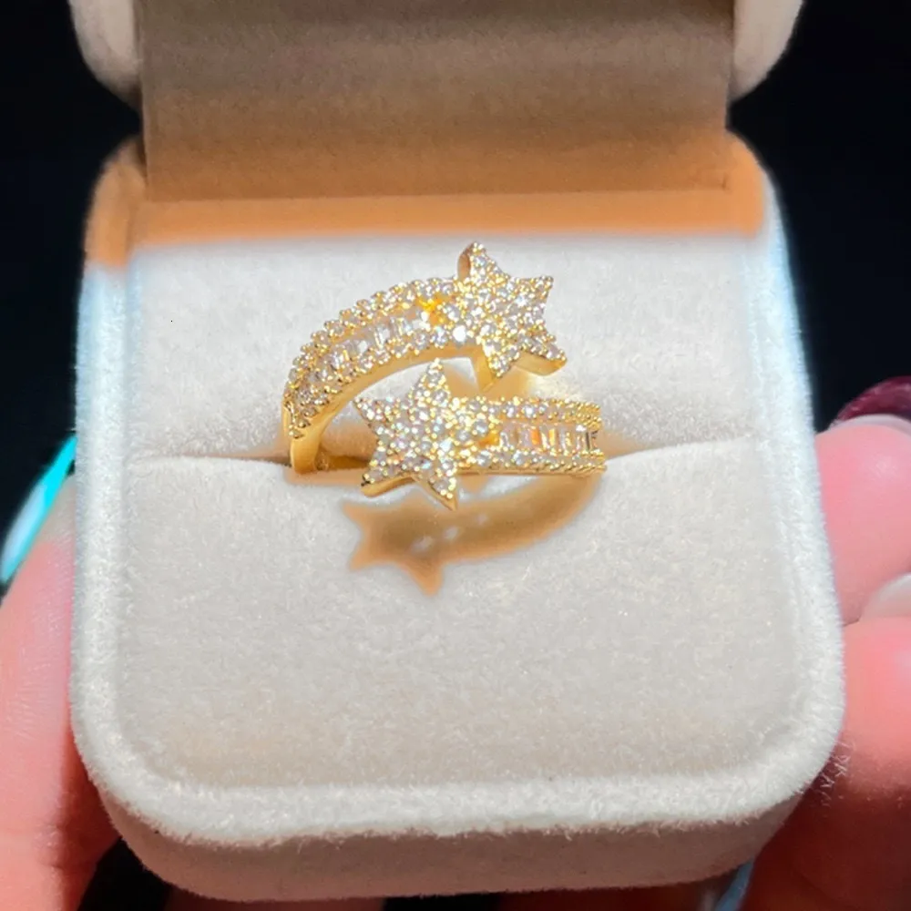 Anillo Nuevo Diseo Estrella Double Capa En Plata Ley 925 Y Moissanita Baguette VVS D Joyera De Lujo Con Accesorios_voghion.com
