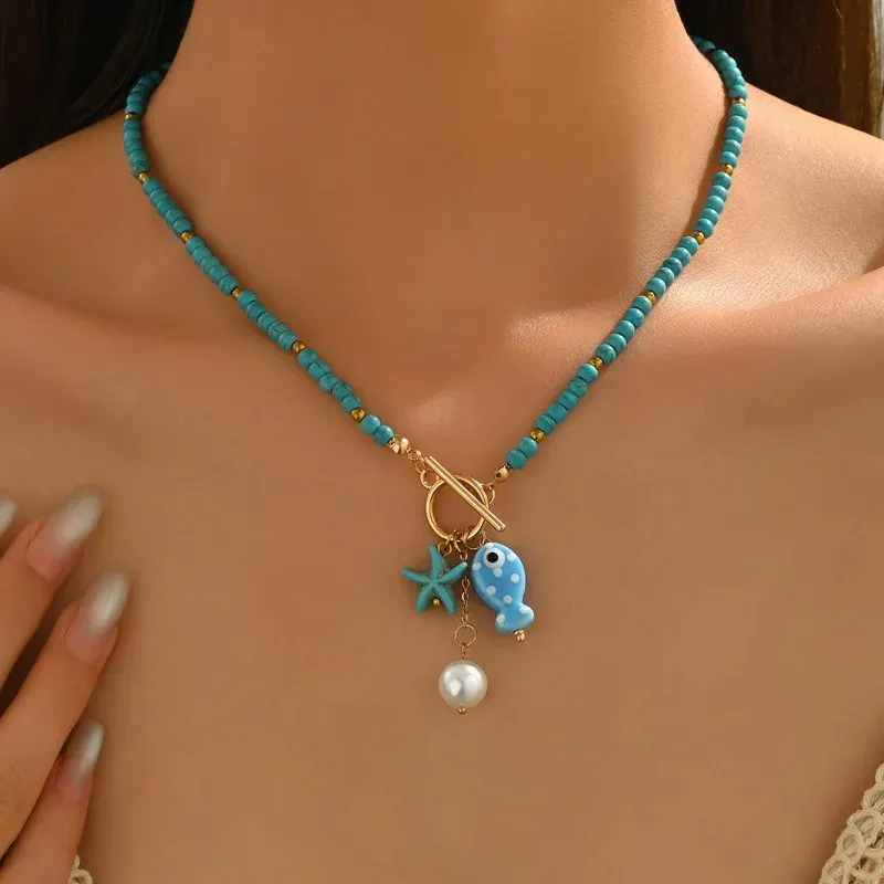 Fashband - Collana Multistrato Bohémien Con Perle E Turchese, Regolabile, Da Donna (metallo E Pietre Colorate) - 2