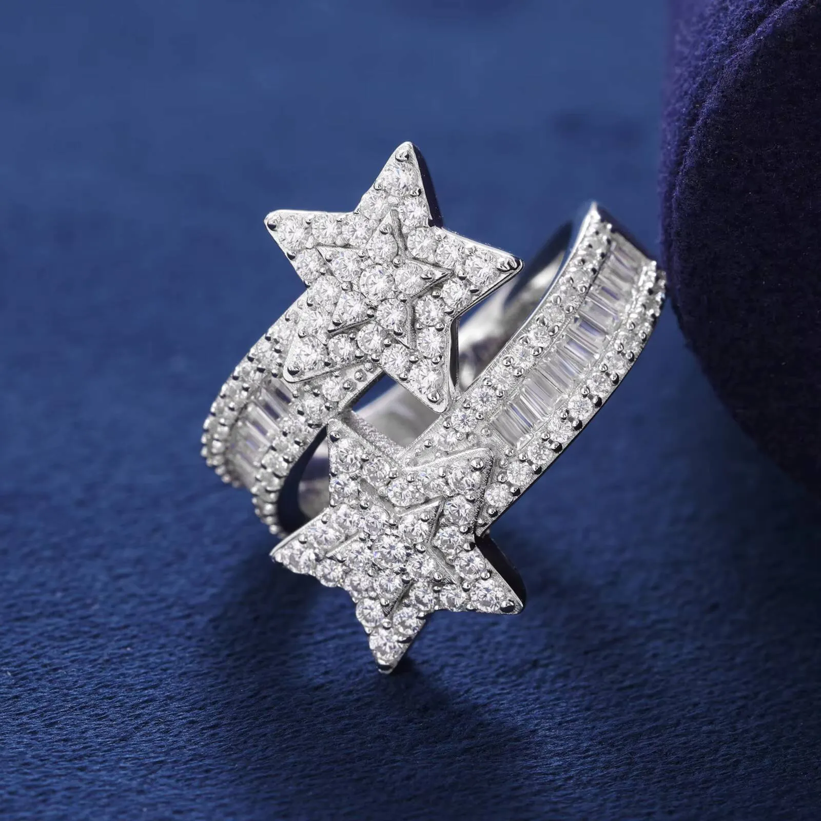 Anillo Nuevo Diseo Estrella Double Capa En Plata Ley 925 Y Moissanita Baguette VVS D Joyera De Lujo Con Accesorios_voghion.com