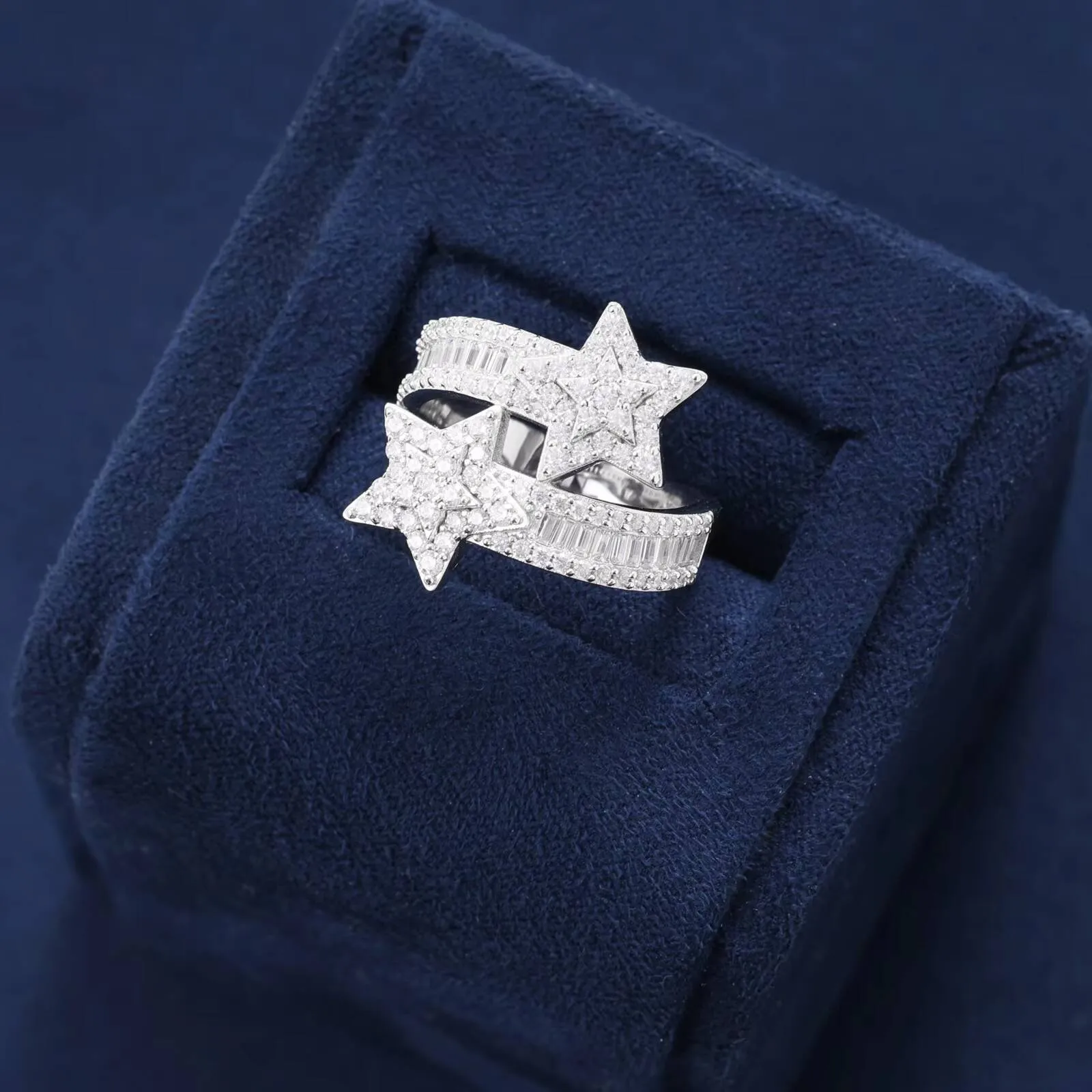 Anillo Nuevo Diseo Estrella Double Capa En Plata Ley 925 Y Moissanita Baguette VVS D Joyera De Lujo Con Accesorios_voghion.com