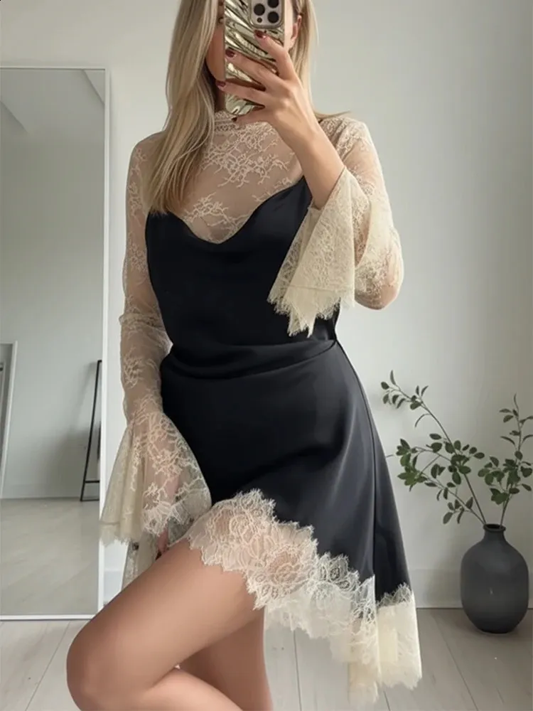sexy lace club dresses Patchwork Floor-Length Mini Dress Women Chic Short Sleeve Waist Cinching See Through Slim Party Wear season-pf26-kids Side:Large Royal Blue Light Blue or club events