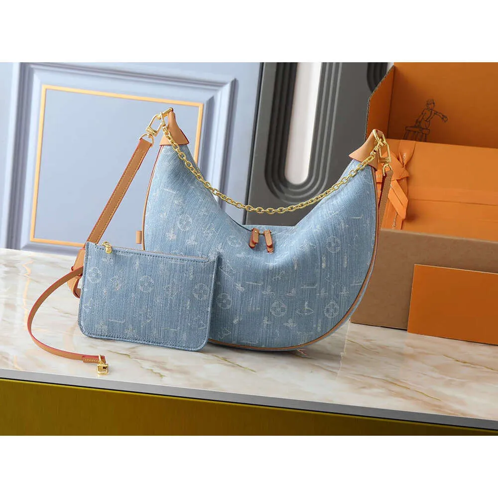 Half Moon Shoulder Bag Canvas Denim Medium 30-50 cm Zipper Closure 