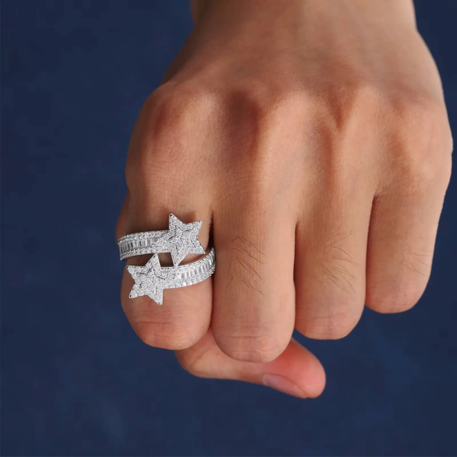 Anillo Nuevo Diseo Estrella Double Capa En Plata Ley 925 Y Moissanita Baguette VVS D Joyera De Lujo Con Accesorios_voghion.com