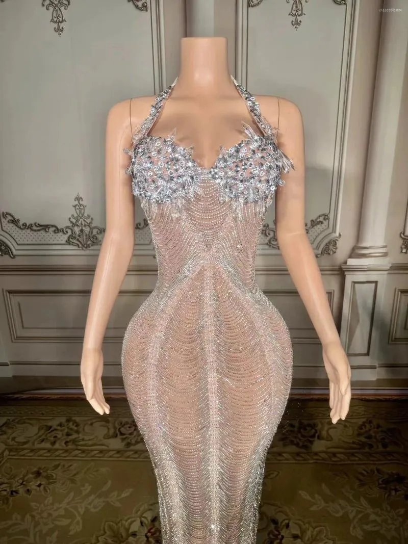 silver rhinestone birthday dress Luxury Rhinestone Sleeveless Silver Long Dress Women Sexy Mesh See Through  Evening Prom Birthday Photo Shoot Singer Stage Outfit