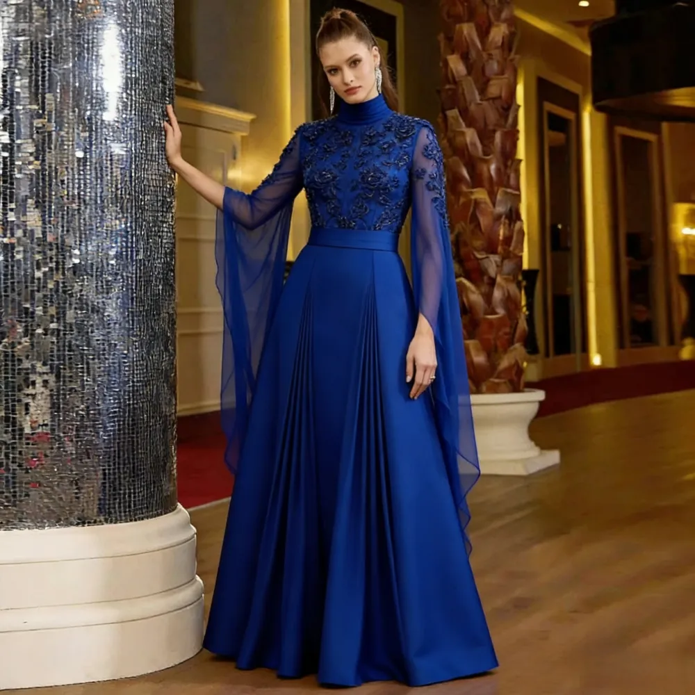 Elegant Arabic Royal Blue Formal Evening Dresses Flare Sleeves Pleats Satin  A-Line Prom Dress Lace Appliques High Collar Special Occasion Gowns Floor  