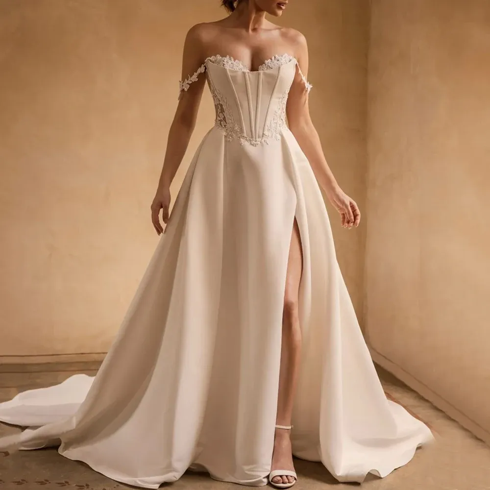 strapless open back dress A-Line Sleeveless Tulle Side Slit Wedding Gown Off-Shoulder Zipper Bac –  VOS LEE