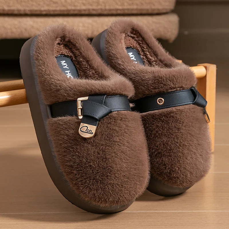 Women's Autumn/Winter New Design Arrival Fashionable Warm Fluffy Slippers In White Brown For Home And Outdoor Wear Free_voghion.com
