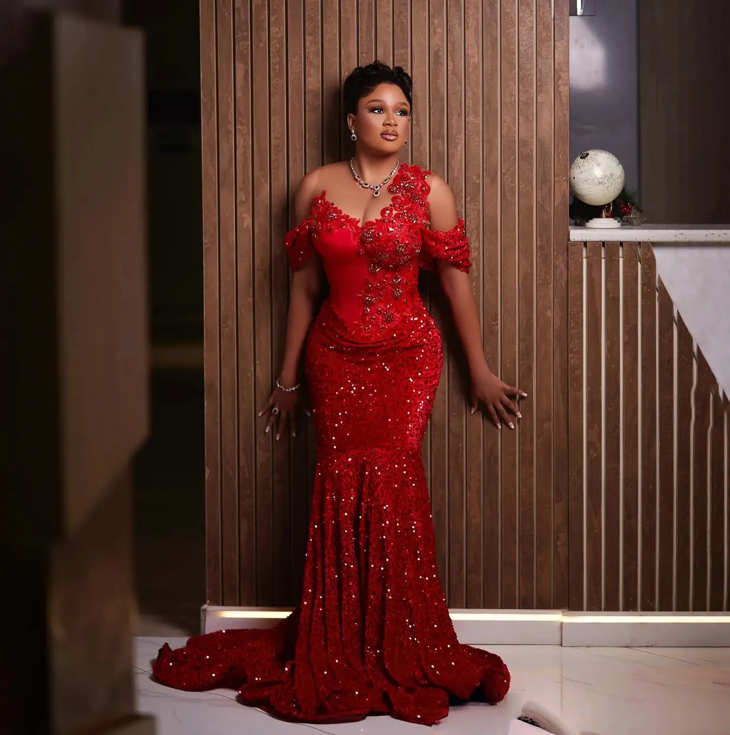 red beaded long prom dress LaDivine S544 Prom Fitted Slit Long Beaded Formal Dress