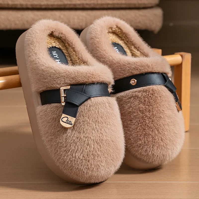 Women's Autumn/Winter New Design Arrival Fashionable Warm Fluffy Slippers In White Brown For Home And Outdoor Wear Free_voghion.com