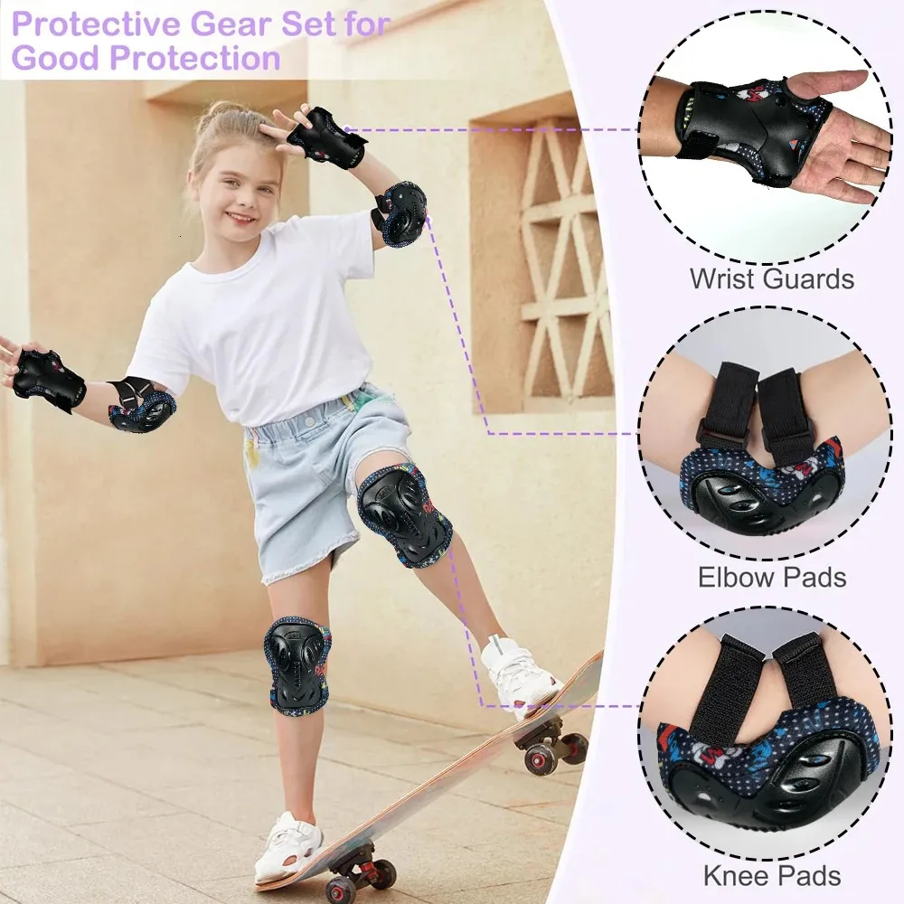 Set di protezioni sportive per bambini, 6 pezzi, protezioni per polsi, ginocchiere, gomitiere, protezione per bambini, skateboard, pattinaggio, ciclismo, equitazione, scooter, blu