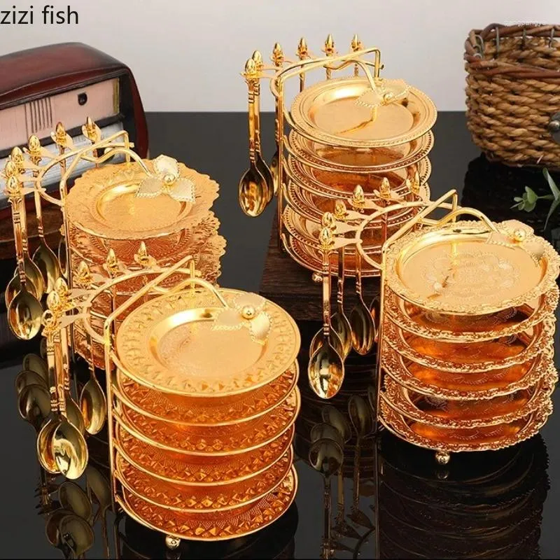 Plates Golden Metal Dessert Plate Snack 6-piece Set Cup Saucer