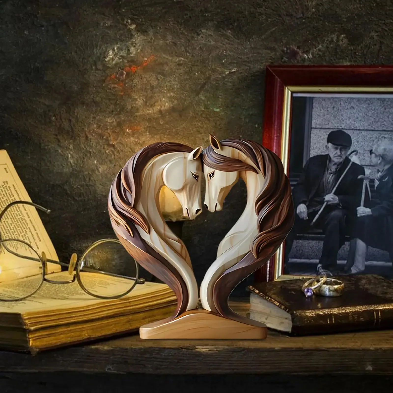 装飾的な木製の馬の像 寄り添うポーズの動物の彫刻 リビングルーム 