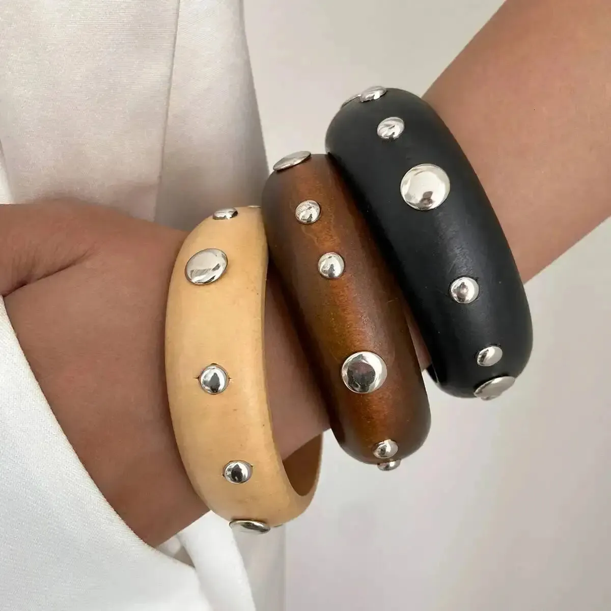 Vintage Wooden Round Star Rivet Wide Bangle Ethnic Style Charm Bracelet ...