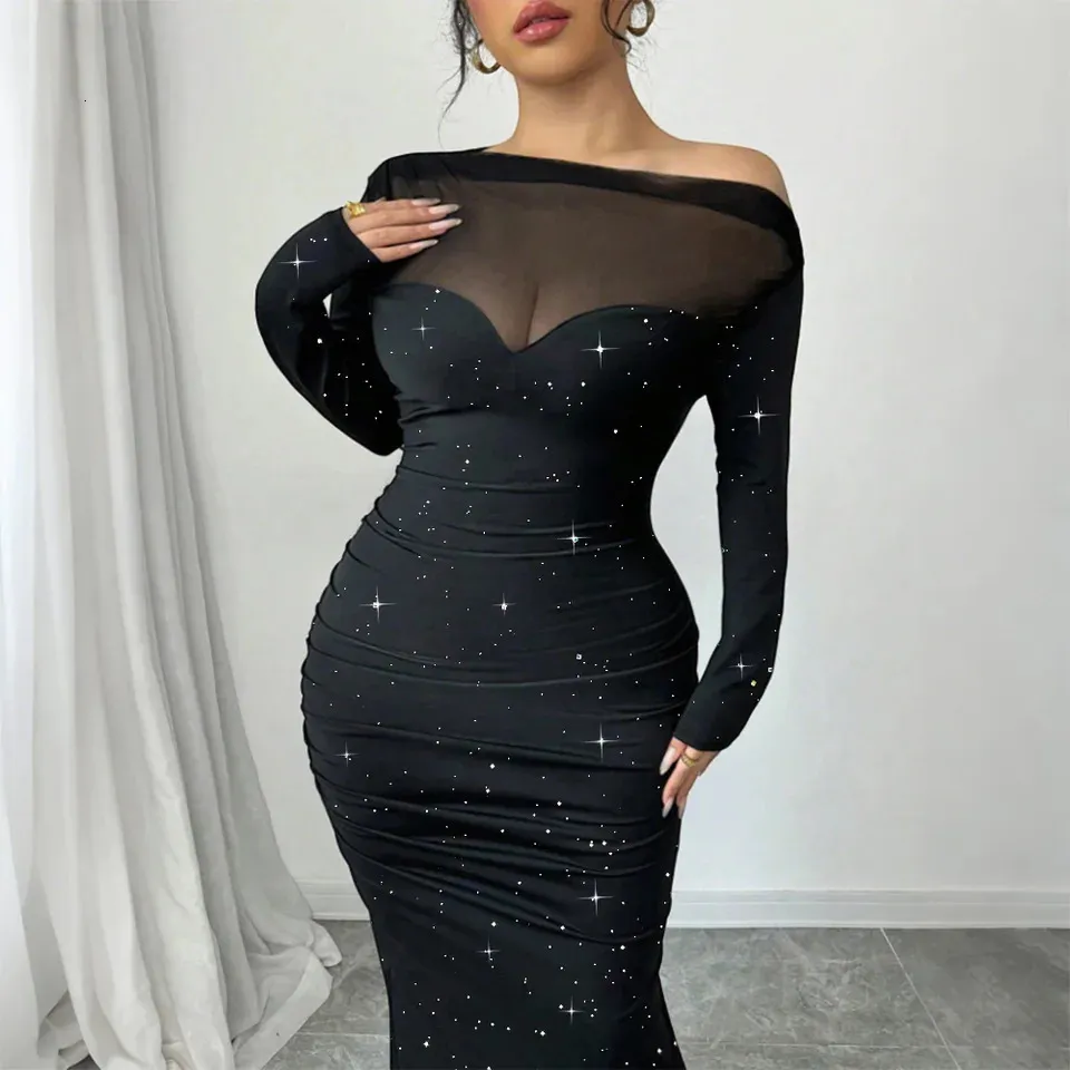 Sexy Sequin Sheer Mesh Off-Shoulder Maxi Long Sleeve Party Dress for Plus Size Women - Perfect for Parties, Cocktail Clubs, and Evening Banquets - Sexy Sequin Sheer Mesh Off-Shoulder Maxi Long Sleeve Party Dress for Plus Size Women - Perfect for Parties, Cocktail Clubs, and Evening Banquets -