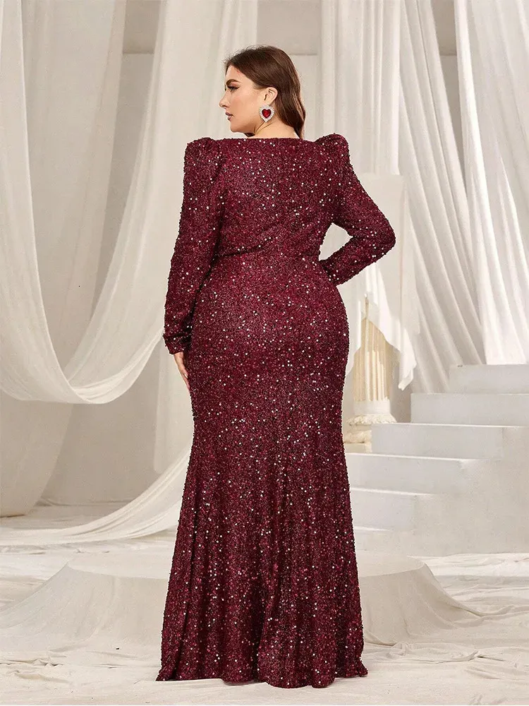 Plus Size Long Sleeve Autumn and Winter Wedding Party 4XL 5XL Evening Dress Big Size Shiny Multicolor Floor Prom Gown Women 251219 Plus Size Long Sleeve Autumn and Winter Wedding Party 4XL 5XL Evening Dress Big Size Shiny Multicolor Floor Prom Gown Women 251219