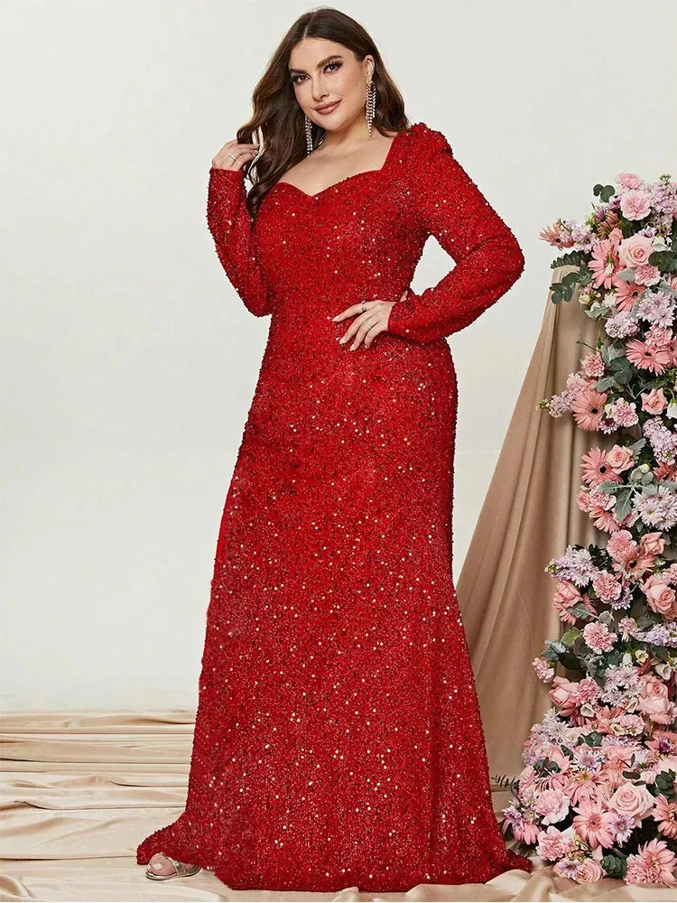 Plus Size Long Sleeve Autumn and Winter Wedding Party 4XL 5XL Evening Dress  Big Size Shiny Multicolor Floor Prom Gown Women 251219