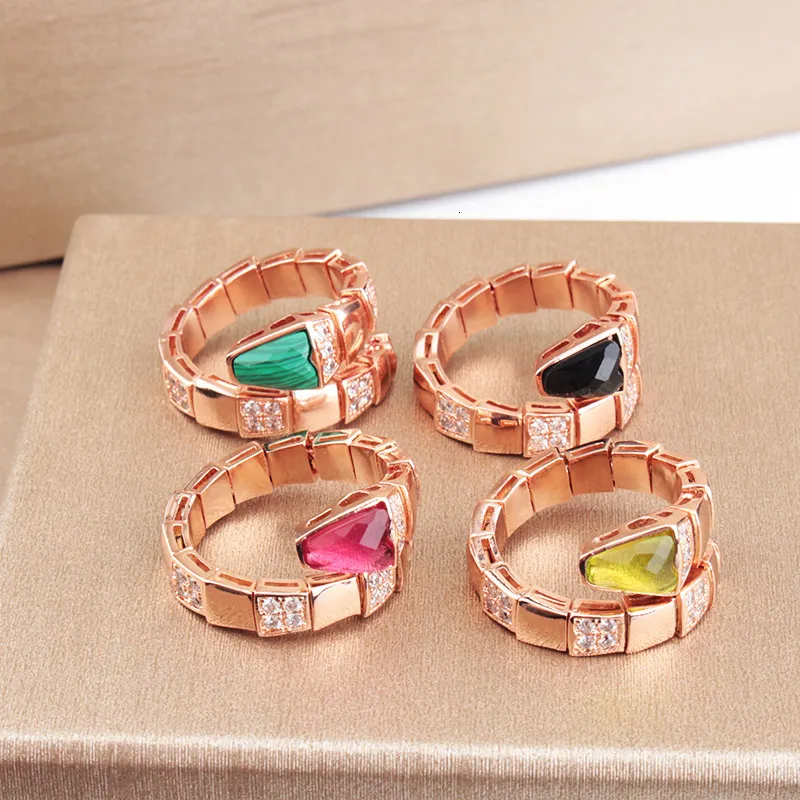 Snake-Shaped Semi-Diamond Micro-Inlaid Copper Ring with Onyx and Orange ...