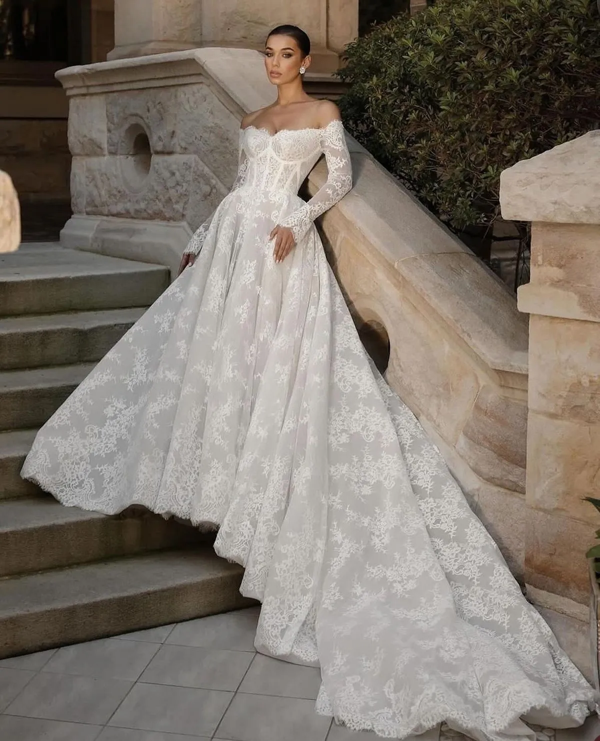 Custom-made French Lace Princess wedding dresses with sleeves with Off-Shoulder A-Line Design, Long Sleeves, and Appliques - Elegant Bride Gown (Style Custom-made French Lace Princess wedding dresses with sleeves with Off-Shoulder A-Line Design, Long Sleeves, and Appliques - Elegant Bride Gown (Style
