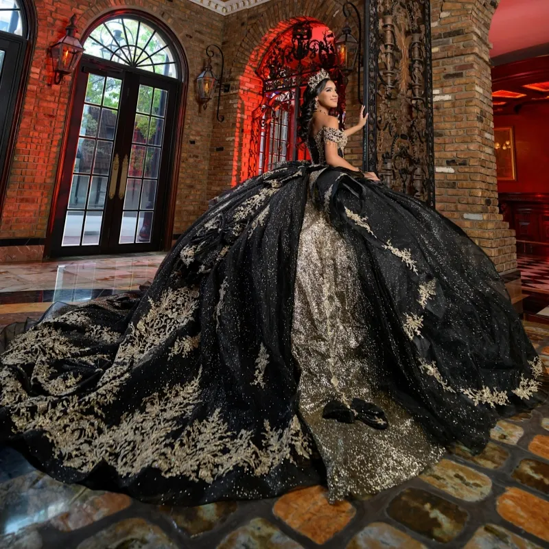 Black Shiny Quinceanera Dresses Off Shoulder... From Zaomeng321, $295.88