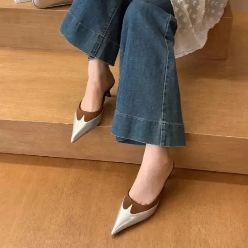 Summer Baotou Semi Drag Womens Outward Wear Temperament Pointed Toe Shallow Mouth One Belt Splicing Stiletto Slippers_vogvips.com