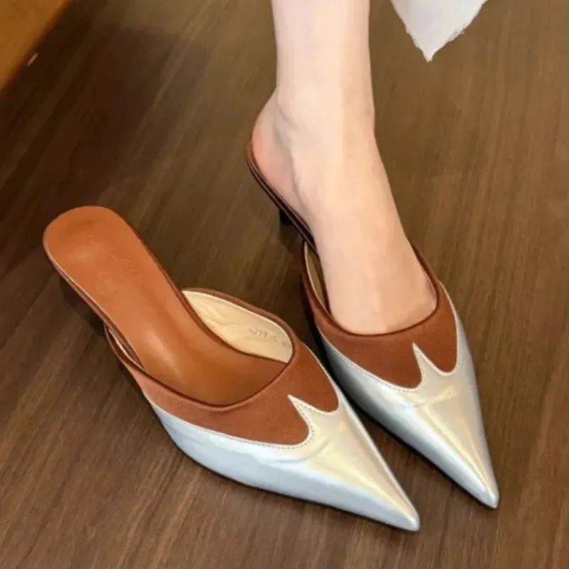 Summer Baotou Semi Drag Womens Outward Wear Temperament Pointed Toe Shallow Mouth One Belt Splicing Stiletto Slippers_vogvips.com