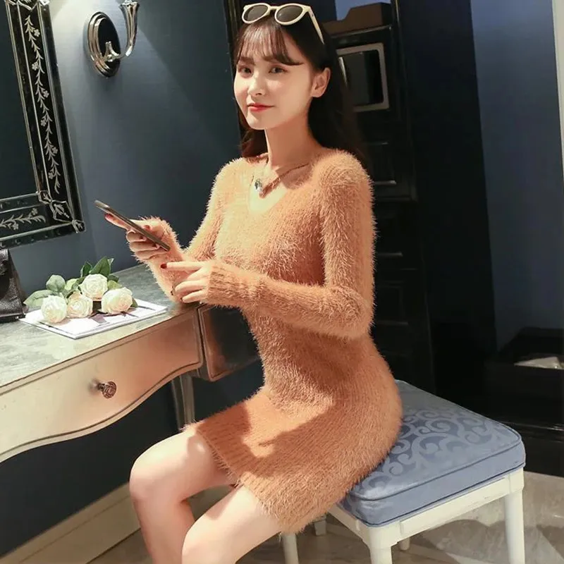 Korean Fashion Women's Slim Fit Mini Sweater White Sweater dress - Autumn/Winter Y2K Casual Clothing in White/Black Knitted Bodycon Vestidos (251013)